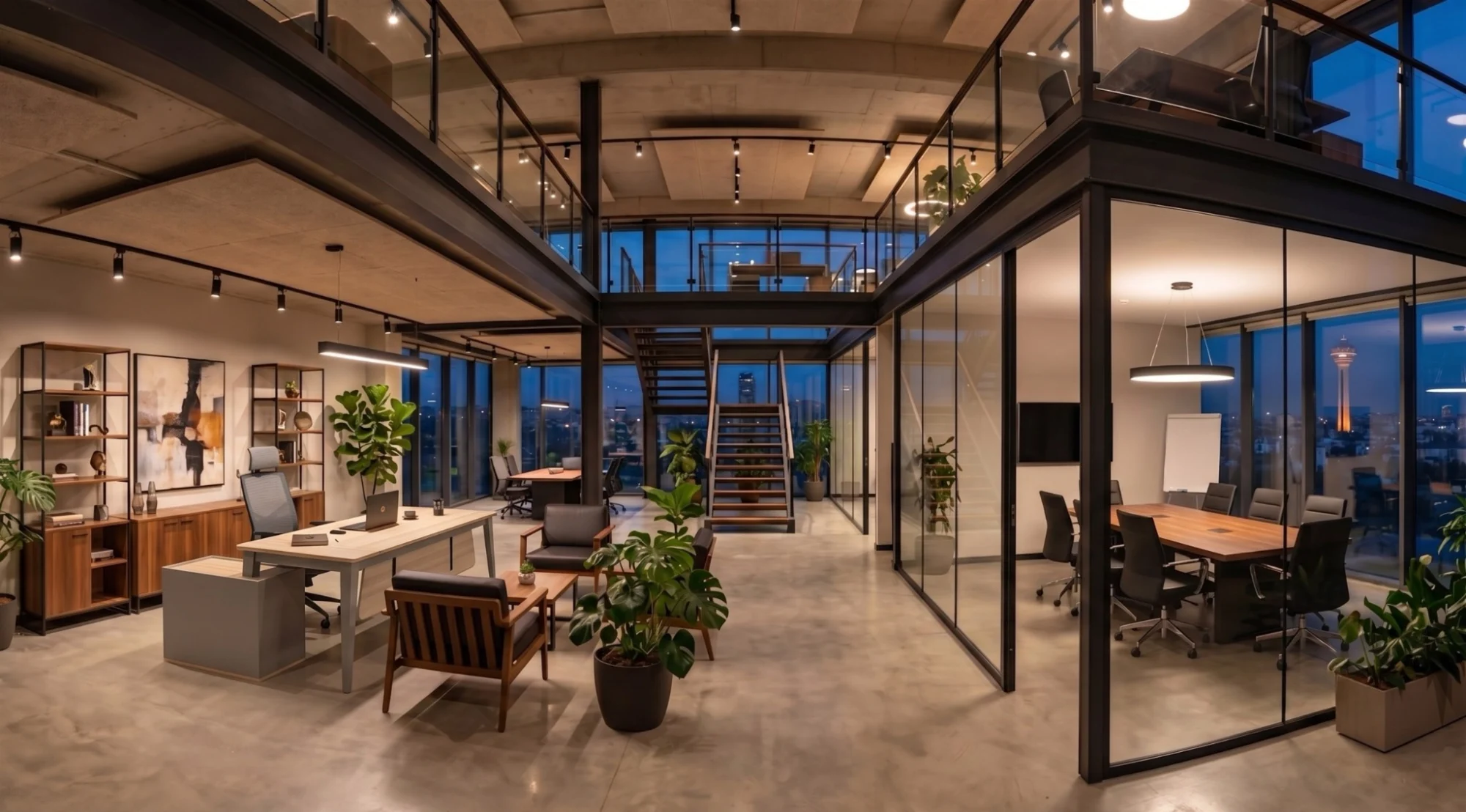 Geniş, iki katlı modern ofis ve showroom iç mekânı