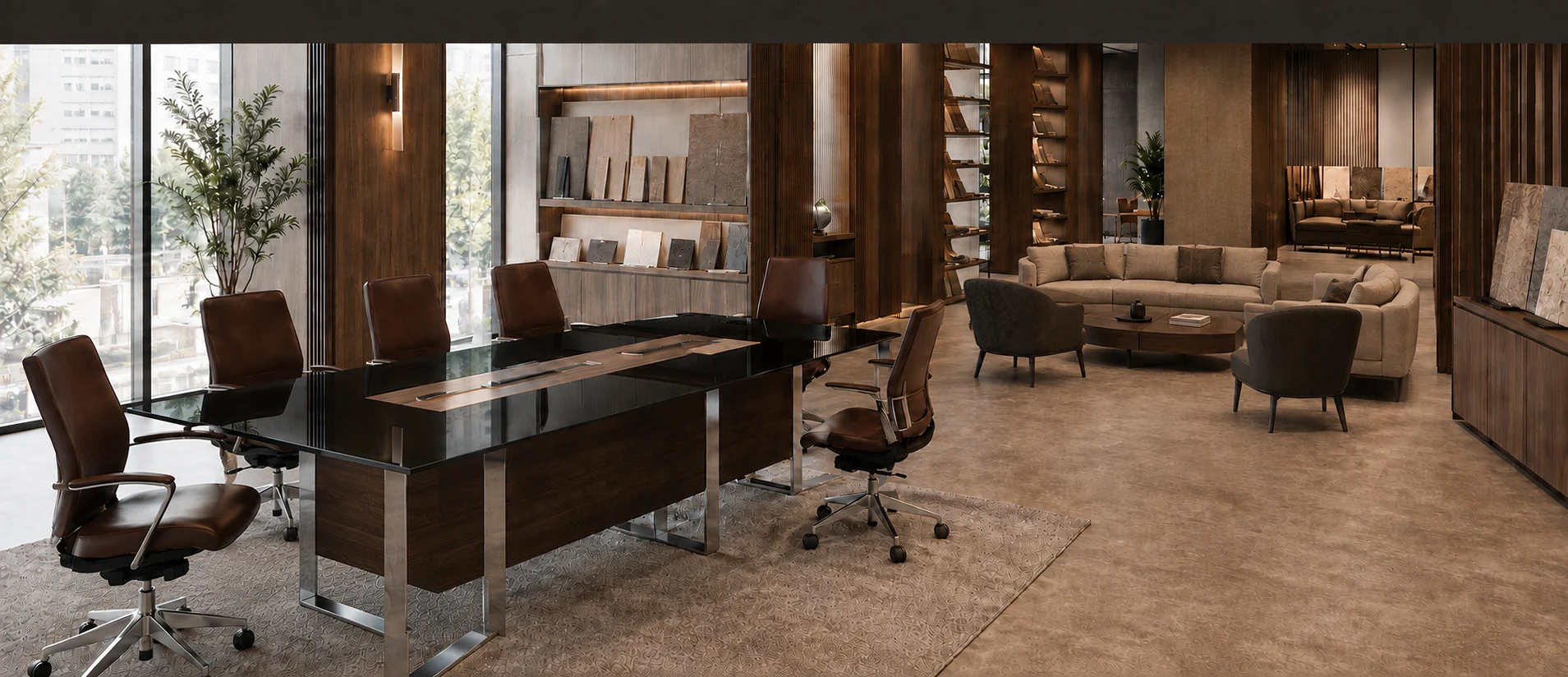Glass yönetici masası ve ortak oturma grubunun yer aldığı franchise showroomu